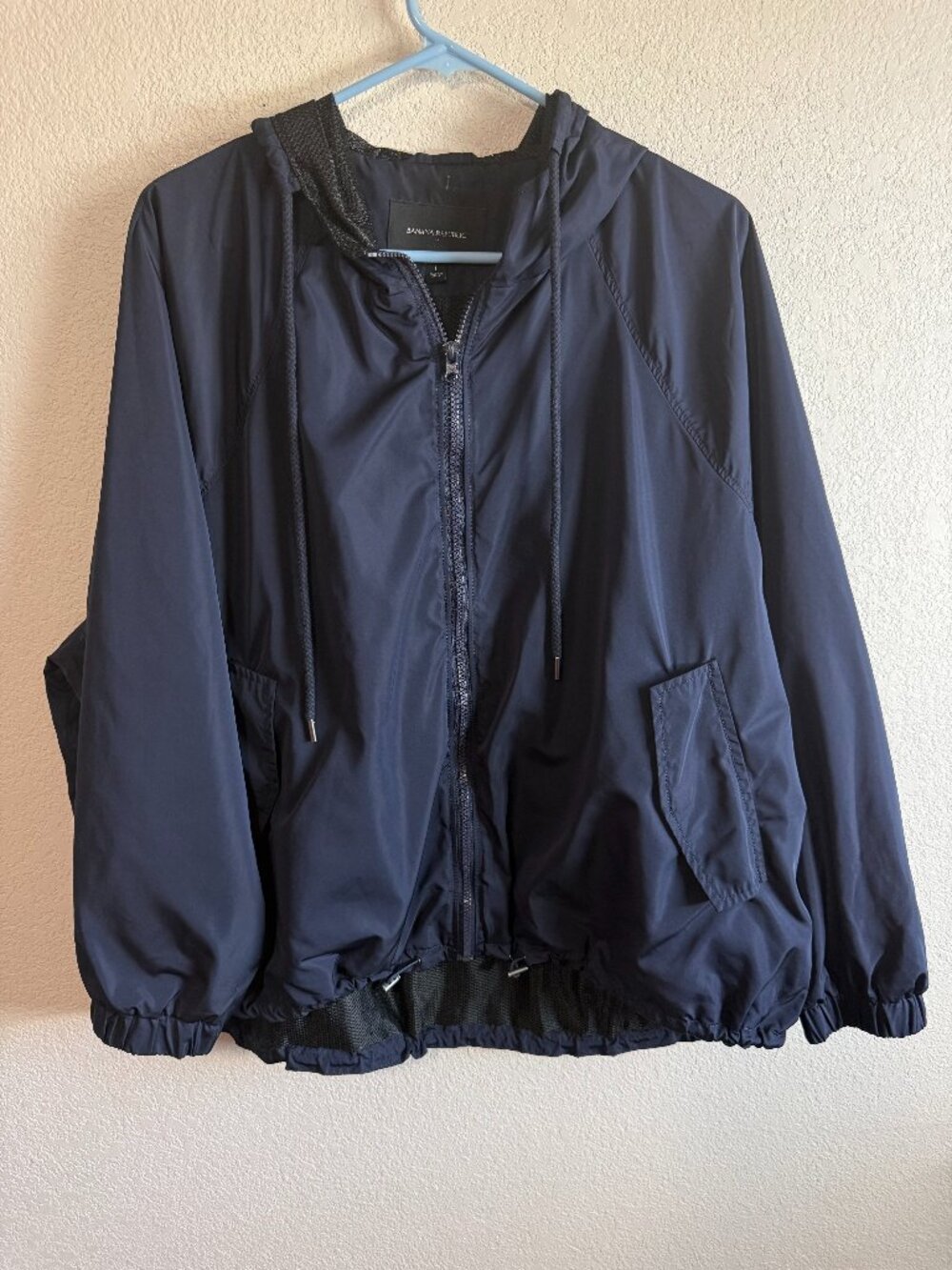Women's Banana Republic Navy Blue Full Zip Hooded Windbreaker Jacket Size Large